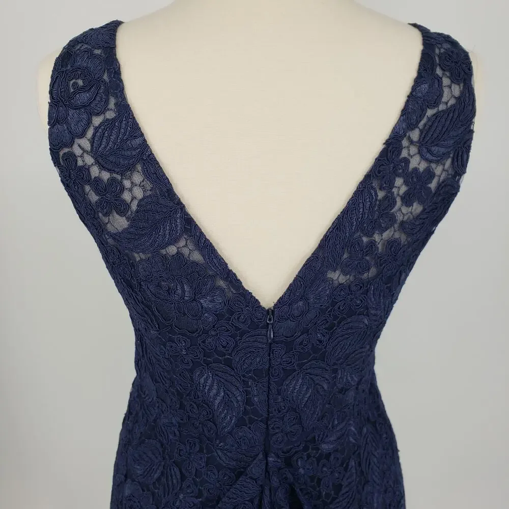 ML Monique Lhuillier Follow Suit Sheath Dress 12 Floral Leaf Lace Cocktail Navy - Picture 12 of 14